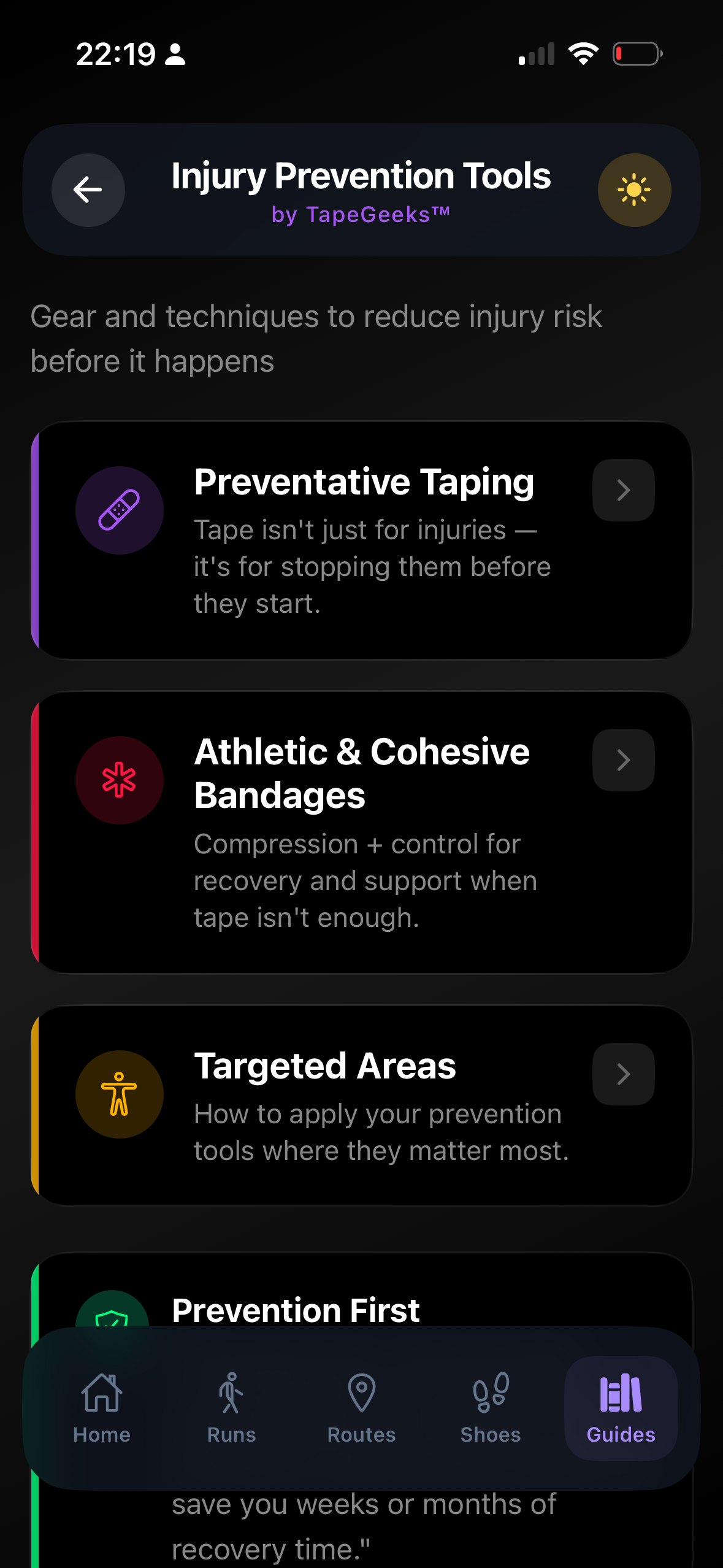 RunMate Pro Injury Prevention Tools screen — by TapeGeeks